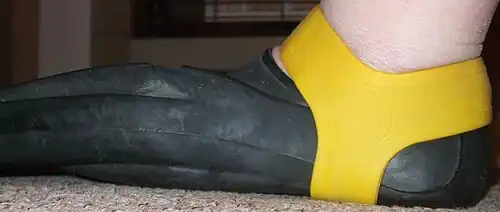 A fin grip positioned to secure a full-foot swimming fin on the foot