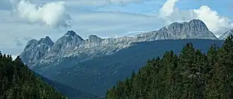Yellowhead Mountain with Leather Peak, Lucerne Peak, and Tete Roche (right) seen from westbound Highway 16