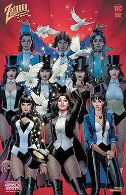 Illustration featuring multiple iterations Zatanna, each wearing variations of her signature magician costume, including top hats, tuxedos, and fishnet stockings. White doves and magical sparkles surround the characters, symbolizing her magic abilitiesm