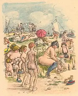 "As the outdoor public swimming pool appeared" (1919), by Zille, reflects the growing influence of the Freikörperkultur (free body culture) movement, which gained prominence in Germany in the early 1900s.