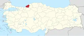 Zonguldak highlighted in red on a beige political map of Turkeym
