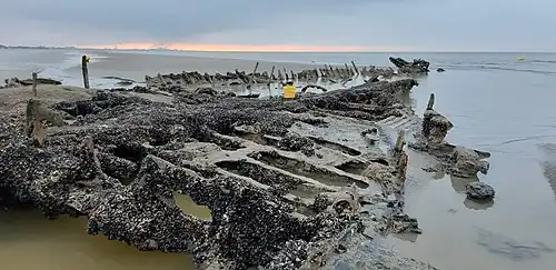 Shipwreck of HMS Crested Eagle on the Zuydcoote beach.