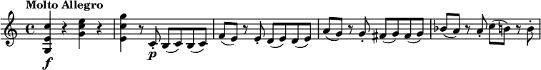 \relative c'' { \set Staff.midiInstrument = #"string ensemble 1"
\key c \major
\tempo "Molto Allegro" \set Score.tempoHideNote = ##t \tempo 4=144
<c e, g,>\f r <e c g> r <g c, e,> r8 c,,-.\p b (c) b (c) f (e) r e-. d (e) d (e) a (g) r g-. fis (g) fis (g) bes (a) r a-. c (b) r b-.
}