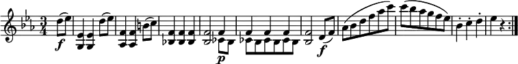 { \relative d'' { \key es \major \time 3/4
\partial 4 d8( \f es) | <es, g,>4 <es g,> d'8( es) | <f, as,>4 <f as,> b8( c) | <f, bes,!>4 <f bes,> <f bes,> |
<f bes,>2 << { \voiceOne f4 | f4 f f } \new Voice { \voiceTwo ces8 \p bes | ces8 bes ces bes ces bes} >> |
\oneVoice <f' bes,>2 d8( \f f) | as8( bes d f as c) | c8( bes as g f es) | bes4-. c-. d-. | es4 r \bar ":|." }}
\layout { \context {\Score \override SpacingSpanner.common-shortest-duration = #(ly:make-moment 1/4) }}