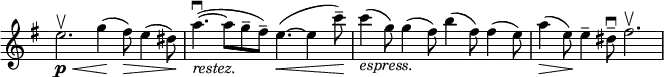 \relative c' \new Staff \with { \remove "Time_signature_engraver" } {
\set Staff.midiInstrument = "violin"
\key e \minor \time 12/8
e'2.\p \upbow \< g4\!( fis8\>) e4( dis8\!) a'4.~\downbow _\markup \italic restez. ( a8 g-- fis--) e4.~\< ( e4 c'8--\!)
c4_\markup \italic espress. ( g8) g4( fis8) b4( fis8) fis4( e8) a4\>( e8\!) e4-- dis8--\downbow fis2.\upbow
}