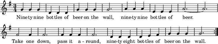 \layout { \set Score.tempoHideNote = ##t \context { \Score \remove "Bar_number_engraver" } }
{ \key g \major \time 3/4 \tempo 4.=210 \set Staff.midiInstrument = #"harmonica" \relative c''
{ g4 g g | d d d | g g g | g2. |
a4 a a | e e e | a2.~ | a2. |
fis2 fis4 | fis2. | fis4 fis fis | fis2. |
d4 d d | d e fis | g g g | g2. \bar ":|."
}
\addlyrics { Nine -- ty nine bot -- tles of beer on the wall,
nine -- ty nine bot -- tles of beer.
Take one down, pass it a -- round,
nine -- ty eight bot -- tles of beer on the wall.}
}