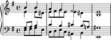 
   \new PianoStaff <<
      \new Staff <<
         \new Voice \relative c'' {
             \stemUp \clef treble \key e \minor \time 4/4
             \partial2 b4 b a g fis2 e1
             }
         \new Voice \relative c' {
             \stemDown
              \partial2 e4 e8 dis e fis g e e4 dis b1
              }
            >>
     \new Staff <<
         \new Voice \relative c' {
             \stemUp \clef bass \key e \minor \time 4/4
             \partial2 g8 a b4 c b cis b8 a! gis1
             }
         \new Voice \relative c {
             \stemDown
             \partial2 e8 fis g e c d e c ais4 b e,1
             }
         >>
    >>
