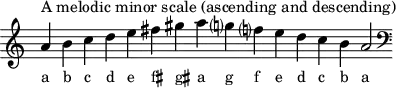 \header { tagline = ##f }
scale = \relative a { \key a \minor \omit Score.TimeSignature
a'^"A melodic minor scale (ascending and descending)" b c d e fis gis a g? f? e d c b a2 \clef F \key a \minor }
\score { { << \cadenzaOn \scale \context NoteNames \scale >> } \layout { } \midi { } }
