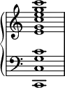 
\new PianoStaff <<
  { \omit Score.TimeSignature }
  \new Staff { <e' g' c'' e'' g'' c'''>1 }
  \new Staff { \clef bass <c, c g c'>1 }
>>

