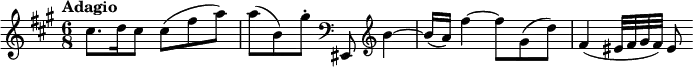 \relative c' {
  \key fis \minor
  \tempo "Adagio"
  \time 6/8
  cis'8. d16 cis8 cis8( fis8 a8) |
  a8( b,8) gis'8\staccato \clef bass eis,,,8 \clef treble b'''4~ |
  b16 (a16) fis'4~ fis8 gis,8 (d'8) |
  fis,4( eis32 fis gis fis) eis8
}
