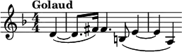 \relative c' { \clef treble \key d \minor \numericTimeSignature \time 4/4 \tempo "Golaud" \partial 4*1 d(~ | d8. fis16) fis4. b,8( e4~ | e a,) }