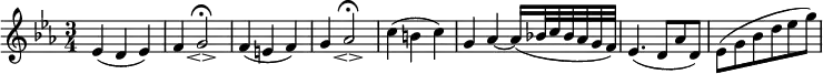 \relative es' {
\key es \major \time 3/4
es4( d es)
f4 g2\espressivo \fermata
f4( e f)
g4 as2 \espressivo \fermata
c4( b c)
g4 as~ as16( bes!32 c bes as g f)
es4.( d8 as' d,)
es8( g bes d es g)
}