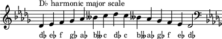 
\header { tagline = ##f }
scale = \relative b { \key des \major \omit Score.TimeSignature
  des^"D♭ harmonic major scale" es f ges as beses c des c beses! as ges f es des2 \clef F \key des \major }
\score { { << \cadenzaOn \scale \context NoteNames \scale >> } \layout { } \midi { } }
