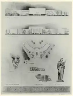 Design sketches for a building. The three main drawings are the main elevation, the court elevation, and a floor plan. There are also smaller drawings showing how the building would be located in one corner of a triangular plot, a transverse section, and two decorative details.