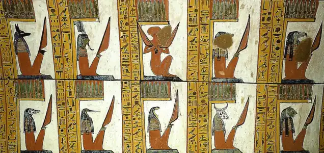 Gatekeepers of Aaru, painting on the southern wall of the tomb of Sennedjem in Dayr al-Madīnah, Thebes, Egypt,c. 1775 BCE.