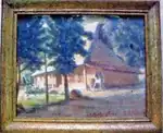 A framed painting of a small house among trees